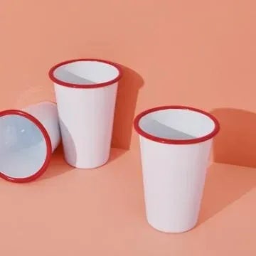 Crow Canyon Home Enamelware, Vintage 10 oz. Short Tumblers in White with Red Rim - Set of 4 For Sale - Image 4 of 6