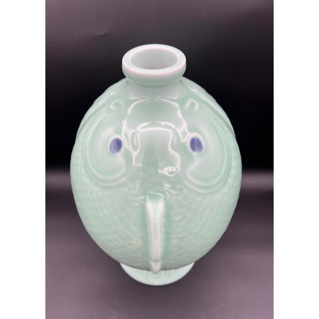 Late 20th Century Late 20th Century 13.6" Qianlong Marked Chinese Celadon Glaze Porcelain Double Fish Vase Bottle For Sale - Image 5 of 8