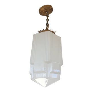 Art Deco Skyscraper Milk Glass & Gold Accent Pendant Light For Sale