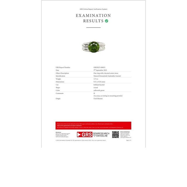 Metal 3.73 Carat Demantoid Garnet Diamond Platinum Ring, GRS Certified, Size 6 For Sale - Image 7 of 7