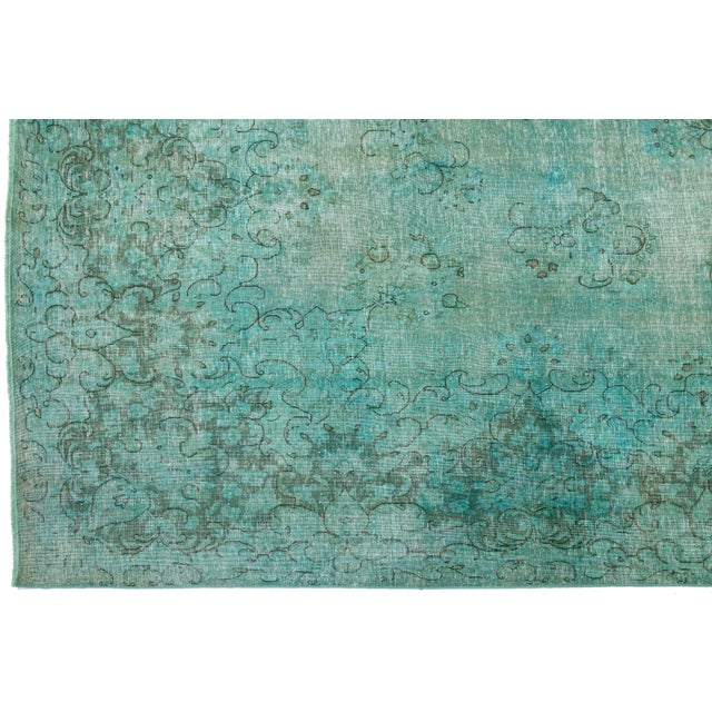 Textile Room Size Antique Overdyed Persian Wool Rug With Medallion Design in Light Green For Sale - Image 7 of 10