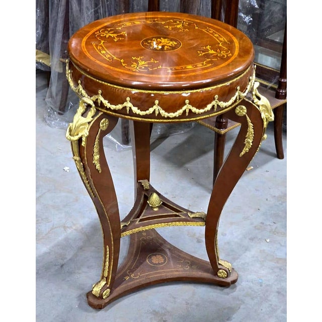 Traditional French Empire Round Side Table With Hand-Carved Wood Frame, Gold Leaf Accents & Marquetry Top For Sale - Image 3 of 5