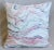 Custom-tailored pillow in blush-pink, blue and white marbleized stone-hued swirl print cotton fabric. Off-white cotton...