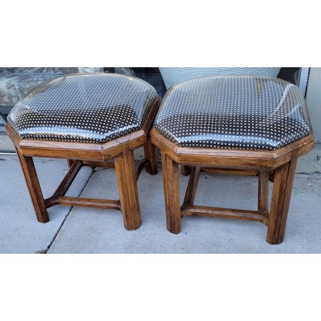 Pair Stanley Walnut Ottomans / Stools Hollywood Regency Style Dark wood with New cushion covers. Cushions are New covered...