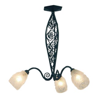 1920s French Art Deco Wrought Iron 3-Light Chandelier, Signed, Pressed, Frosted Glass Shades For Sale