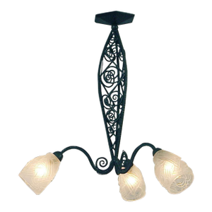 1920s French Art Deco Wrought Iron 3-Light Chandelier, Signed, Pressed, Frosted Glass Shades