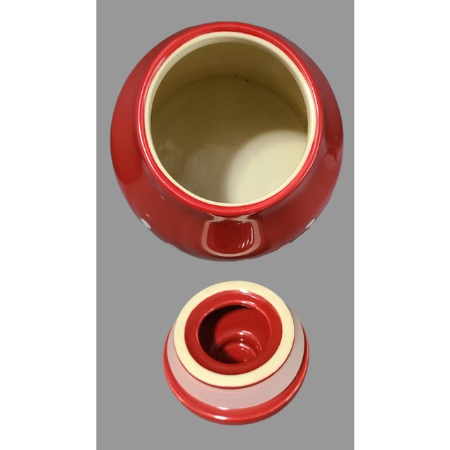 Late 20th Century Vintage Pottery Barn Large Hold Everything Red Snowflake Covered Jar For Sale - Image 5 of 7