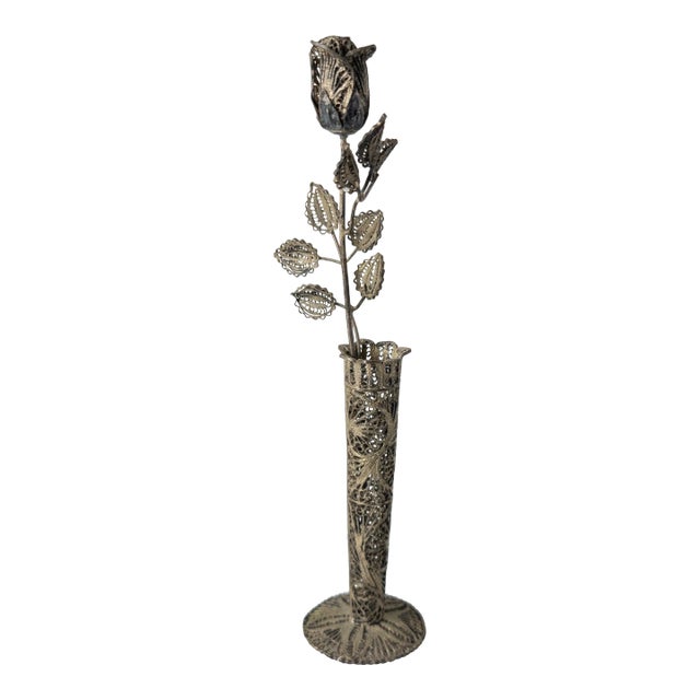 Early 20th Century Sterling Silver 925 Filigree Flower Vase With Rose For Sale