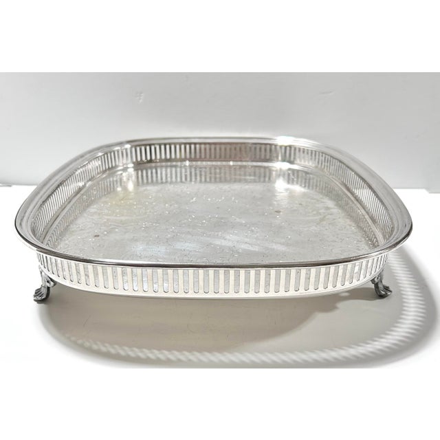 Late 19th Century Antique Silverplate Footed Gallery Tray With Engraved Surface and Cast Feet, C. 1900 For Sale - Image 5 of 12