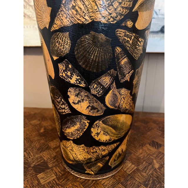 Vintage English Planter Jardiniere Urn Shell Decoupage Black Tole Coastal Décor For Sale - Image 10 of 17