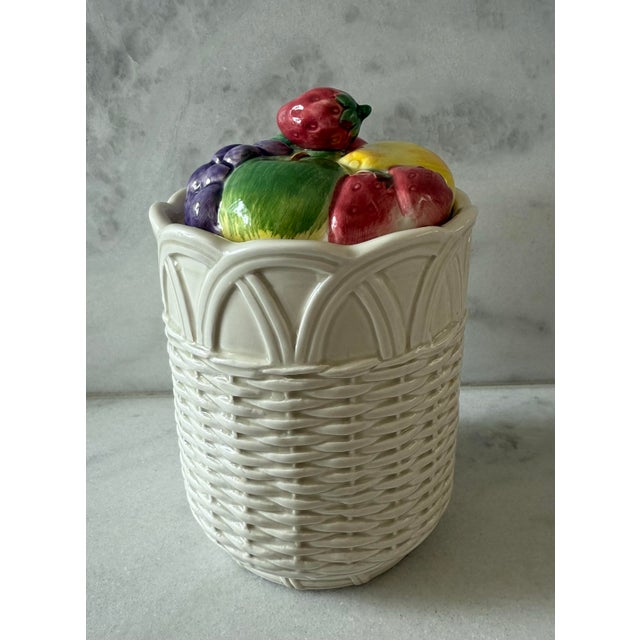 French Country Set of 3 Vintage Canisters With Fruit Basket Design Made by Otagiri For Sale - Image 3 of 12