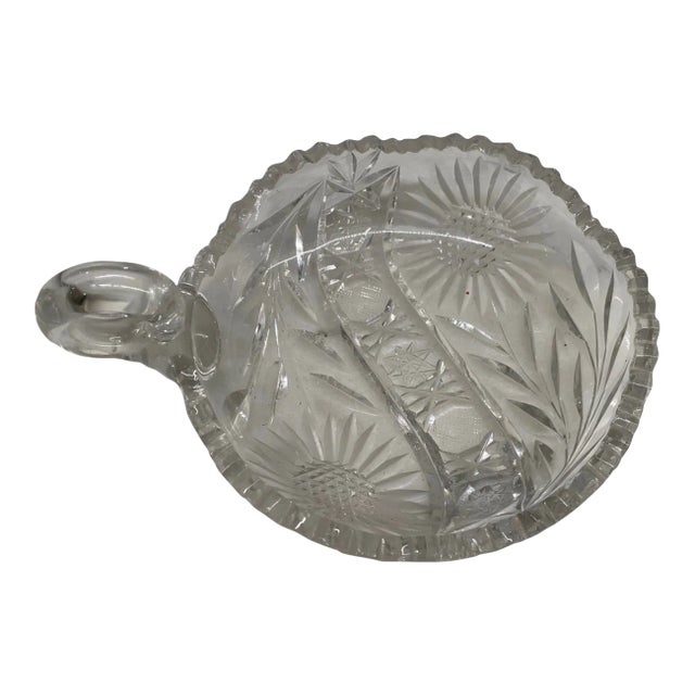 Vintage Crystal Glass Cut Americana Candy Dish / Bowl - Sunflower Motif with Handle For Sale