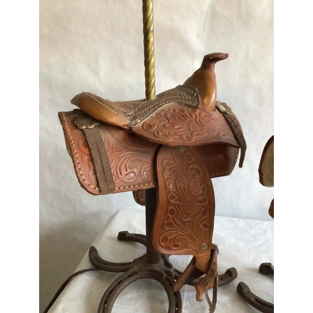 Brown 1960s Leather Horse Saddle Lamps on a Horseshoe Base - a Pair For Sale - Image 8 of 12