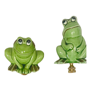 1960s Pair Cute Ceramic Frog Figurines Lamp Finials