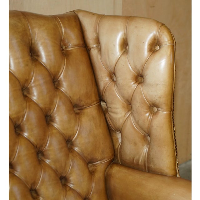 Pair of Vintage Tan Brown Leather Chesterfield Wingback Chairs With Footstools For Sale - Image 9 of 18