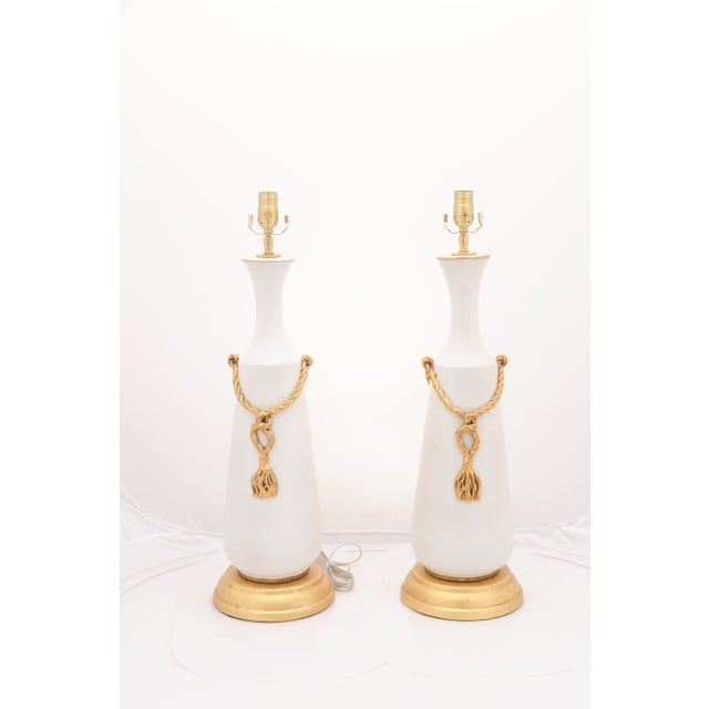 Pair of Large Signed Italian Marbro Ceramic + Gilt Tassel Lamps, 1960s For Sale - Image 10 of 12