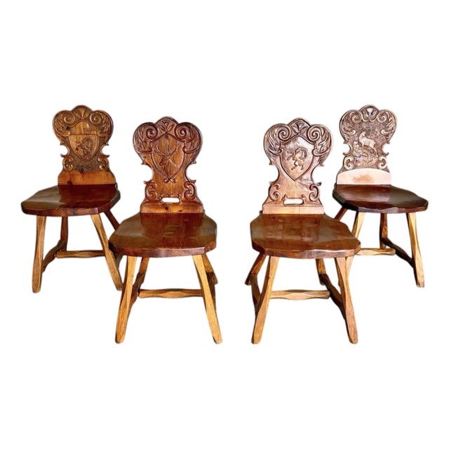 Vintage Brutalist Tyrolean Swiss Alpine Carved Pine Dining Chairs, Set of 4 For Sale