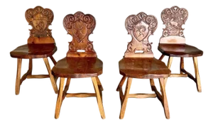 Vintage Brutalist Tyrolean Swiss Alpine Carved Pine Dining Chairs, Set of 4