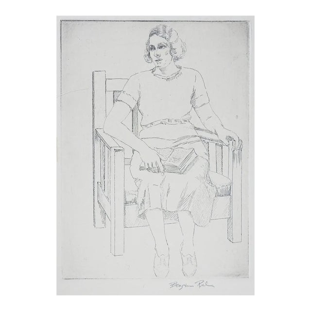 Vintage 1930s Portrait Etching of Seated Woman Reading For Sale