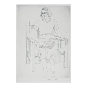 Vintage 1930s Portrait Etching of Seated Woman Reading