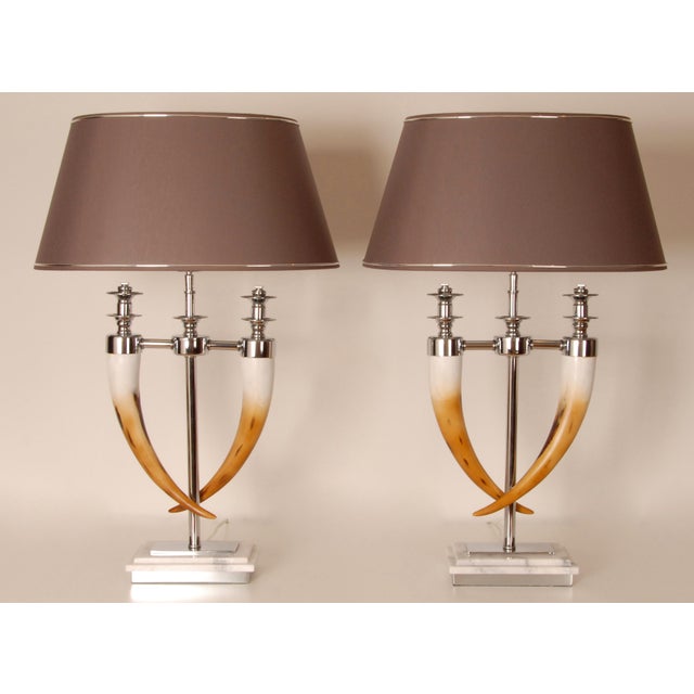 Vintage Chrome Table Lamps Faux Horn Silver Marble Base Modern Table Lamps a Pair For Sale - Image 11 of 11