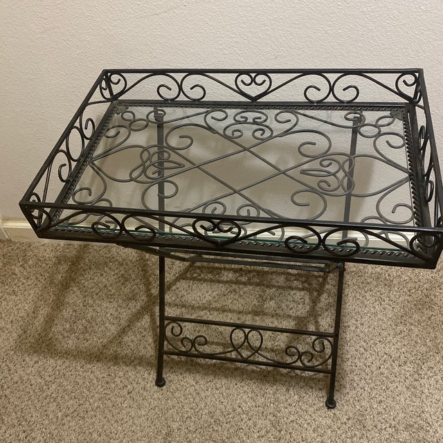 Metal Late 20th Century London House Glass and Iron Folding Side Table, Including Glass Table Top. For Sale - Image 7 of 7