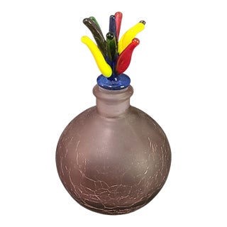 Vintage Art Studio Hand Blown Amethyst Crackle Glass Colorful Top Perfume Bottle For Sale