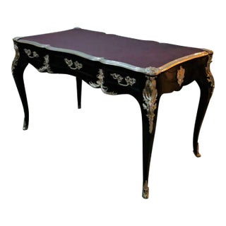 French Louis XV Writing Desk With Burgundy Top & Ornate Bronze Mounts & Silver Leaf For Sale