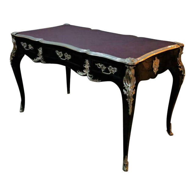 French Louis XV Writing Desk With Burgundy Top & Ornate Bronze Mounts & Silver Leaf For Sale