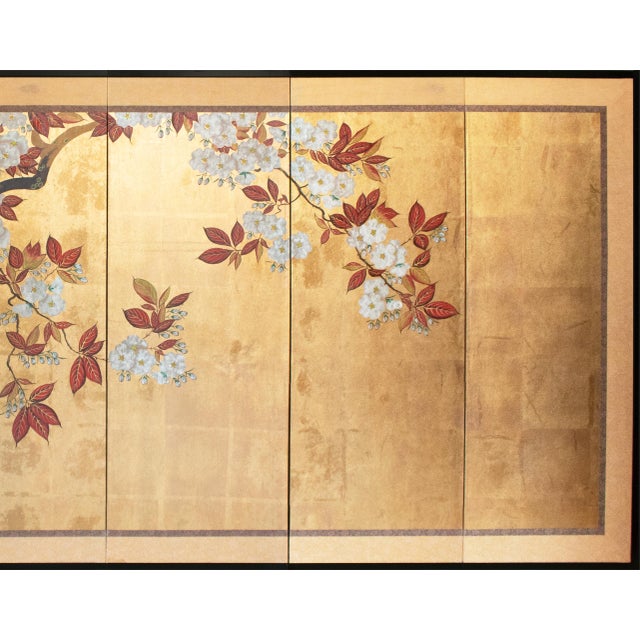 C. 1970s Chinese Six-Panel Gold Leaf Style Painted Screen "Blossoming Plum Tree" For Sale - Image 4 of 18