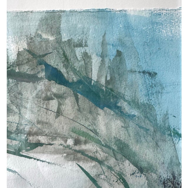 Blue Large Abstract Coastal Original Painting Watercolor Triptych Blue Green Wall Art Modern Signed Framed For Sale - Image 8 of 12
