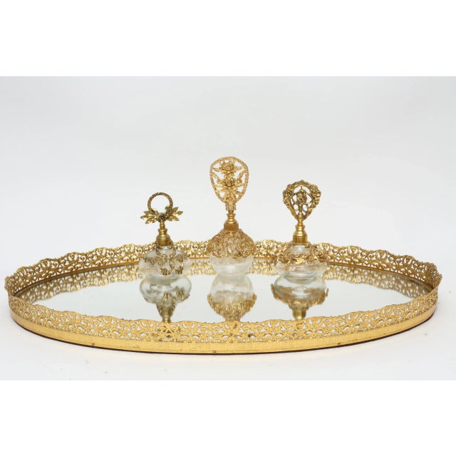 Brass Oversized Extra Large Vintage Vanity Tray Ormolu Large Oval Gold Mirror Oval Vintage 1970s Mirror Glam Filigree Gold Frame For Sale - Image 8 of 9