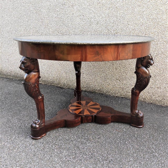 Traditional Antique Sicilian Empire Inlaid Wooden Table with Grey Marble Top For Sale - Image 3 of 8