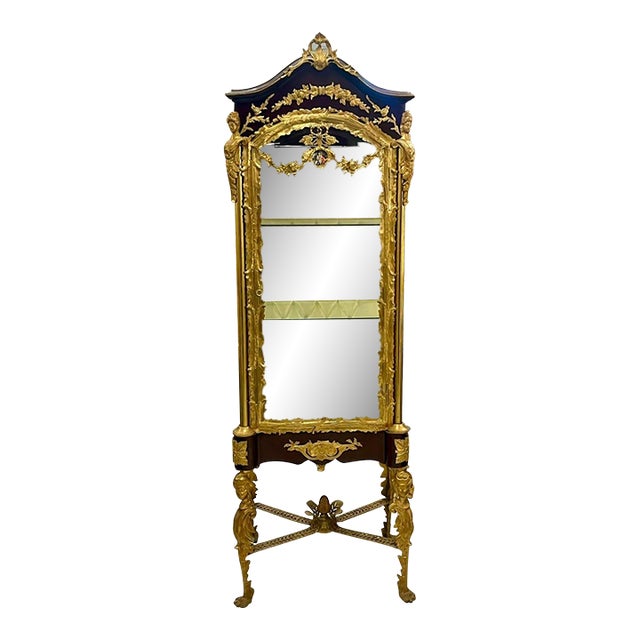French Louis XVI Display Vitrine With Gold Leaf Details, Tufted Interior & Glass Shelves For Sale