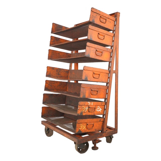 Mid 20th Century Industrial Seven Tray Orange Steel Rolling Cart For Sale