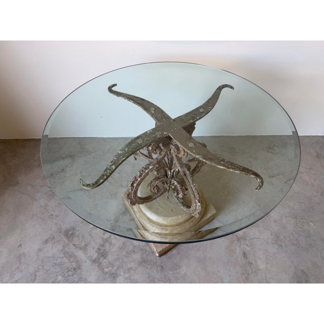 1970s Vintage Wrought Iron & Concrete Pedestal Outdoor Dining Table With Glass Top For Sale - Image 5 of 12
