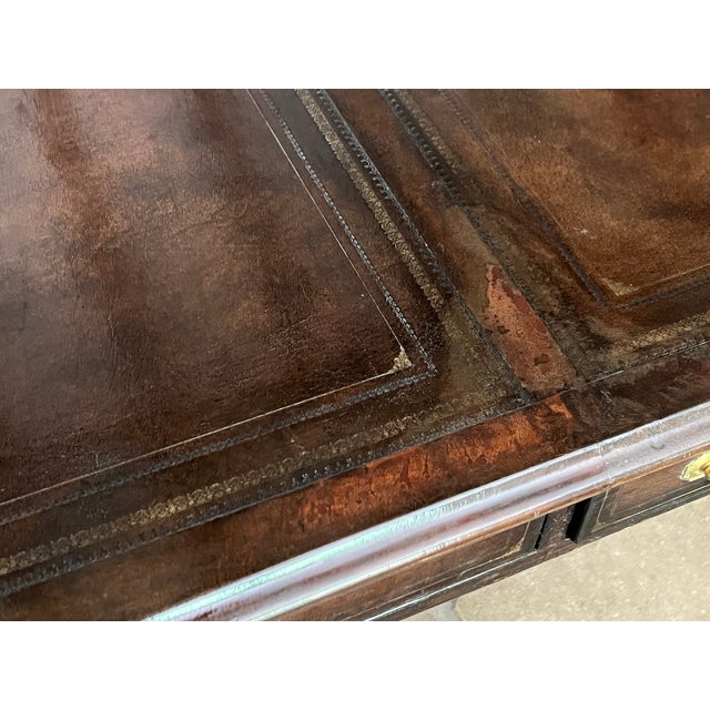 Maitland-Smith Embossed Leather Wrapped Partners Desk W/ Brass Hardware For Sale - Image 14 of 18
