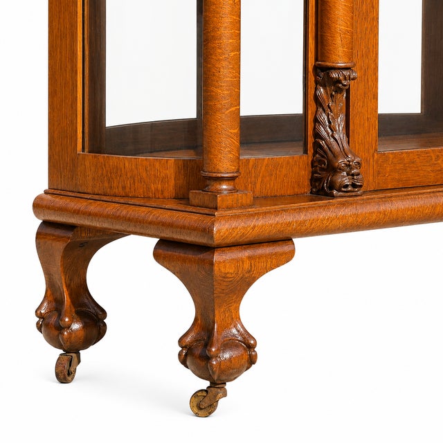Antique 1900 American Oak Triple Curved Glass China Cabinet | Carved Lion Head & Claw Foot | Bow- Front China Cabinet For Sale - Image 6 of 12