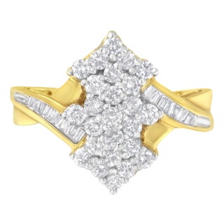 10K Yellow Gold Round And Baguette Cut Diamond Cluster Ring (1 1/10 Cttw, H-I Color, SI2-I1 Clarity) - Size 7 For Sale