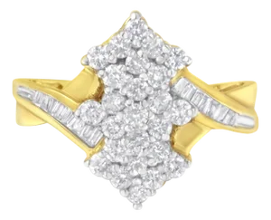 10K Yellow Gold Round And Baguette Cut Diamond Cluster Ring (1 1/10 Cttw, H-I Color, SI2-I1 Clarity) - Size 7