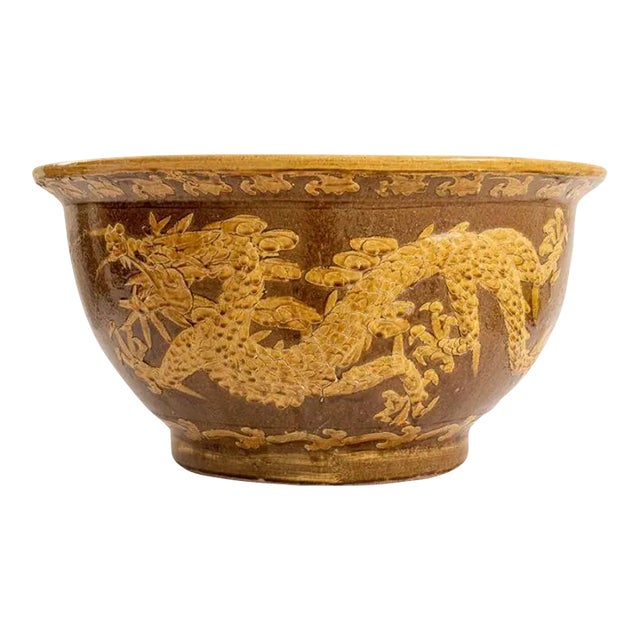Chinese Dragon Motif Ochre Jardiniere For Sale
