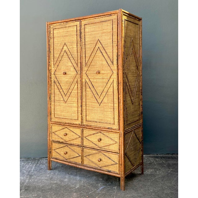 Wood Vintage Tortoise Rattan Diamond Armoire For Sale - Image 7 of 12