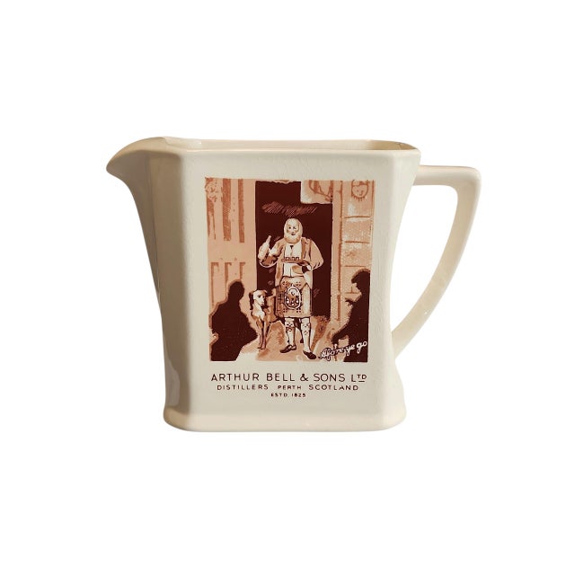 Excellent condition mid century Bell's Scotch Whisky water pitcher with "Afore ye go" slogan and art, made in England by...