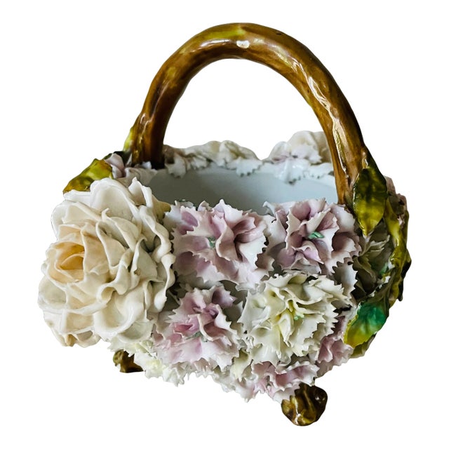 Boho Antique German Porcelain Flower Basket Sitzendorf For Sale
