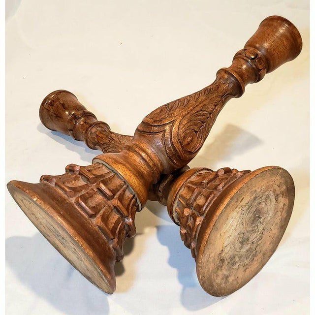 Pair Of Handcrafted In Traditional Style Carved Mango Wood Candlestick Holders. These mango wood candlesticks are perfect...
