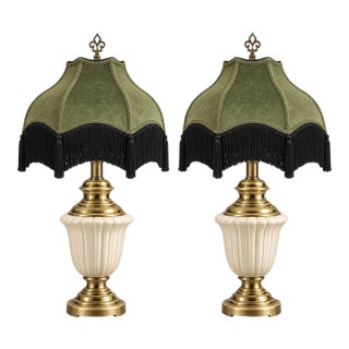 Vintage Neoclassical Cream Urn Lamps With Olive Velvet Fringe Shades - Pair For Sale