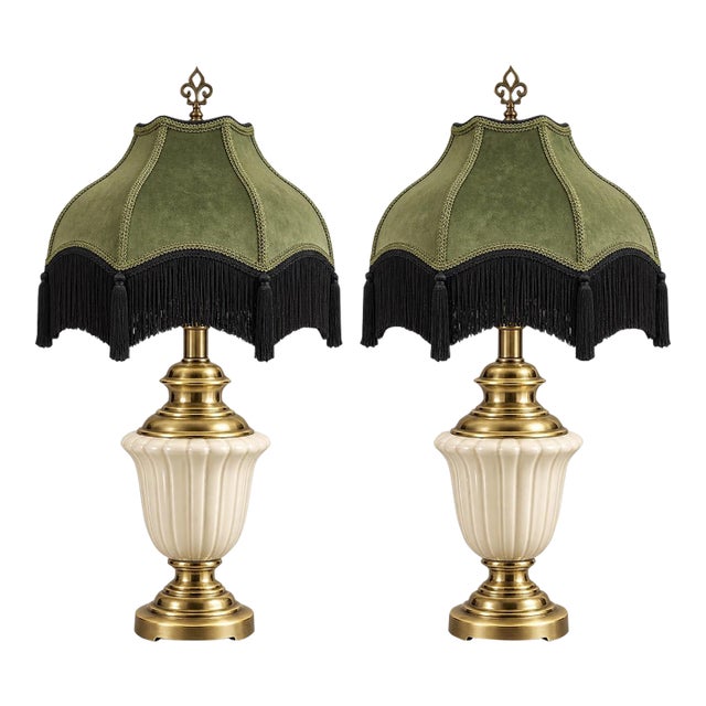 Vintage Neoclassical Cream Urn Lamps With Olive Velvet Fringe Shades - Pair For Sale