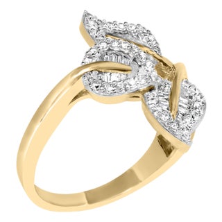 18K Yellow and White Gold Plated .925 Sterling Silver 3/8 Cttw Baguette and Round Diamond Bypass Triple Leaf Ring (I-J Color, I1-I2 Clarity) - Size 9 For Sale