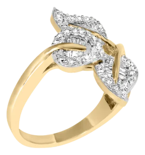 18K Yellow and White Gold Plated .925 Sterling Silver 3/8 Cttw Baguette and Round Diamond Bypass Triple Leaf Ring (I-J Color, I1-I2 Clarity) - Size 9