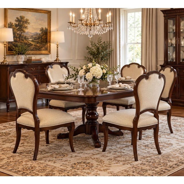 Solid wood, heavy dining chairs with cream upholstery. Upholstery is in excellent condition, with Guardsman fabric...